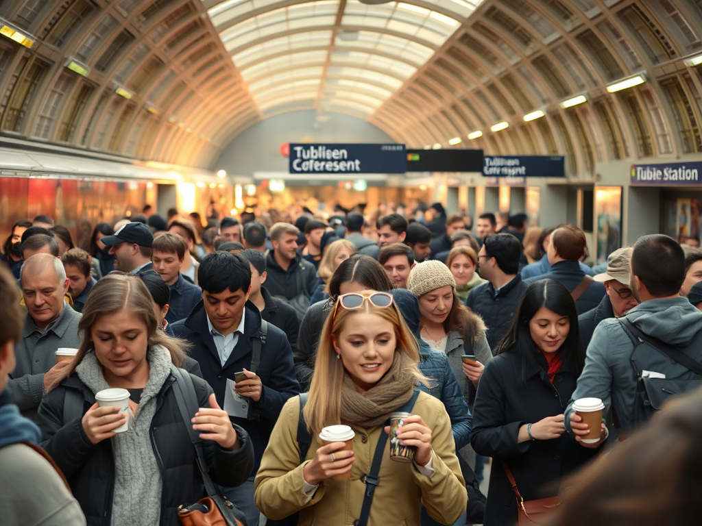 O mulțime de oameni într-o stație de metrou, majoritatea purtând căni de cafea și având privirea concentrată, într-un mediu aglomerat și luminat.